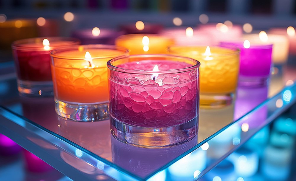 Many Colorful Candles in Glass Case